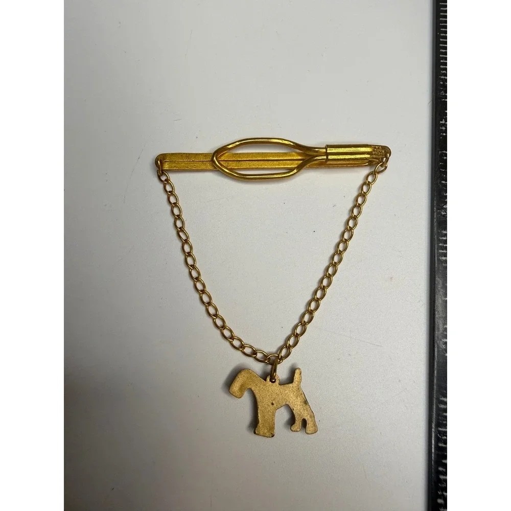 Gold Tone Terrier Dog Charm Tie Clip Etched Bar Men's Accessory